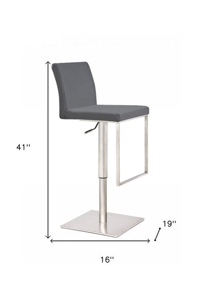 37" Gray And Silver Faux Leather And Stainless Steel Swivel Low Back Adjustable Height Bar Chair HomeRoots