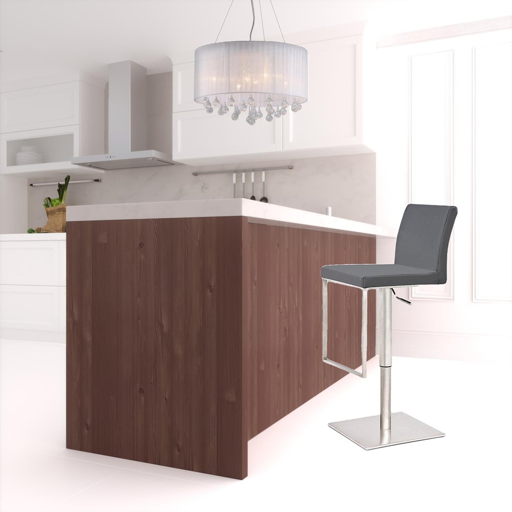 37" Gray And Silver Faux Leather And Stainless Steel Swivel Low Back Adjustable Height Bar Chair HomeRoots