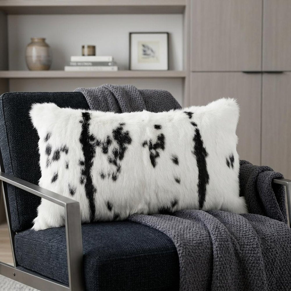 12" X 20" Black And White Rabbit Natural Fur Throw Pillow — view 5