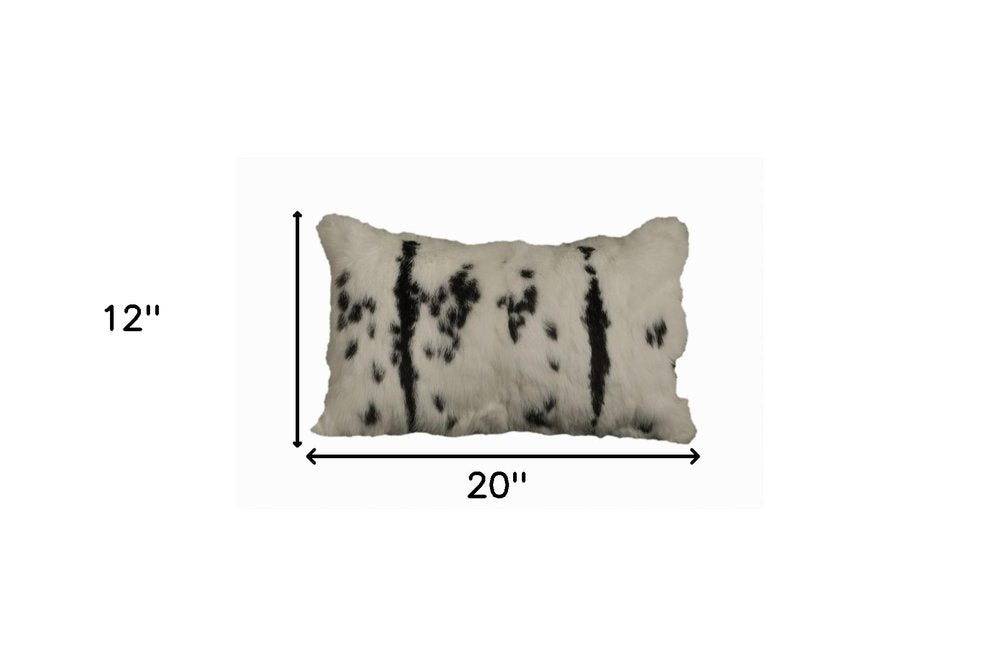 12" X 20" Black And White Rabbit Natural Fur Throw Pillow