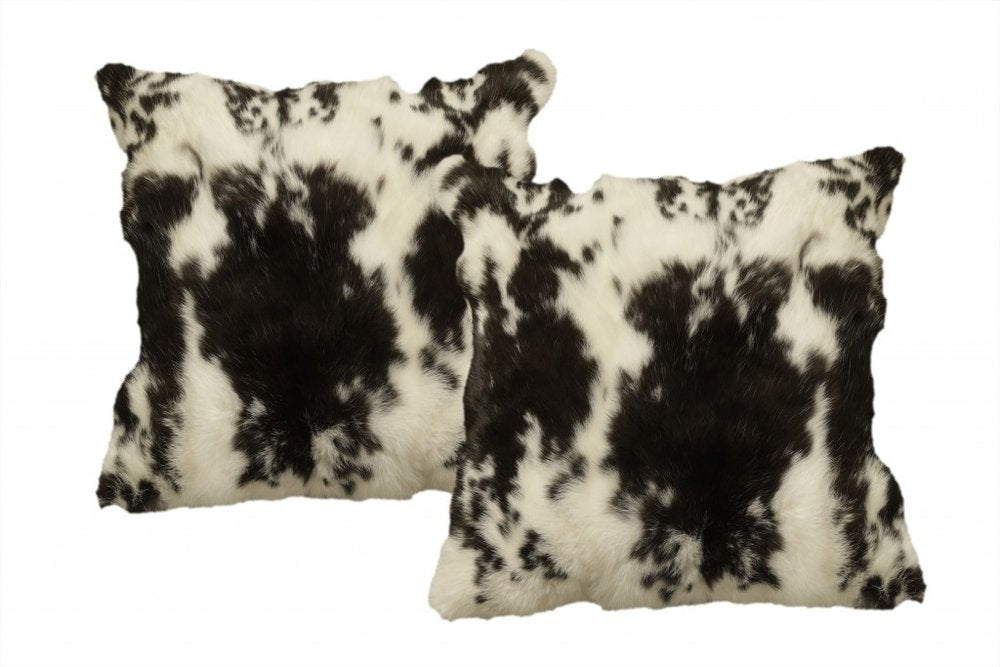 Set of Two 18" Black and White Rabbit Natural Fur Throw Pillow — view 1