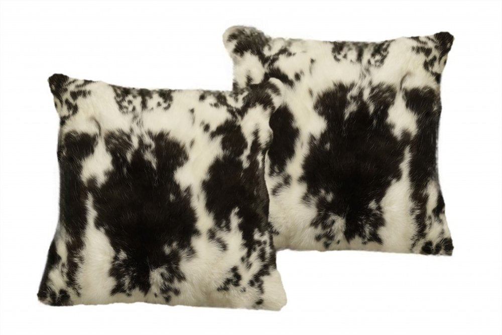 Set of Two 18" Black and White Rabbit Natural Fur Throw Pillow — view 3