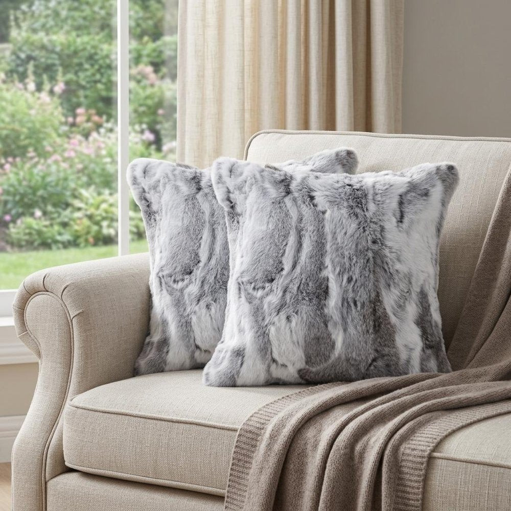 Set Of Two 18" Grey Rabbit Natural Fur Throw Pillows — view 7