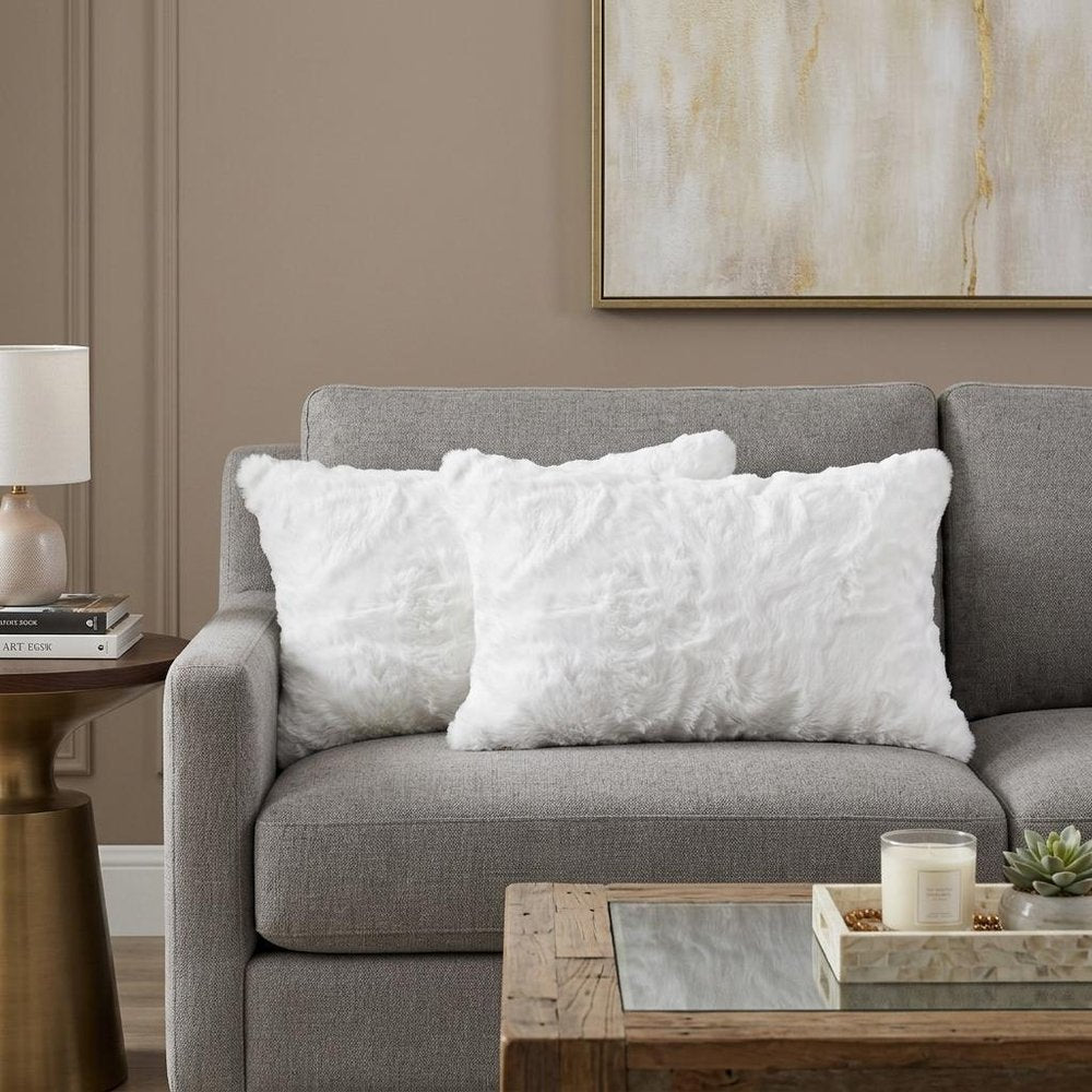 Set of Two 12" X 20" White Natural Fur Throw Pillows — view 6