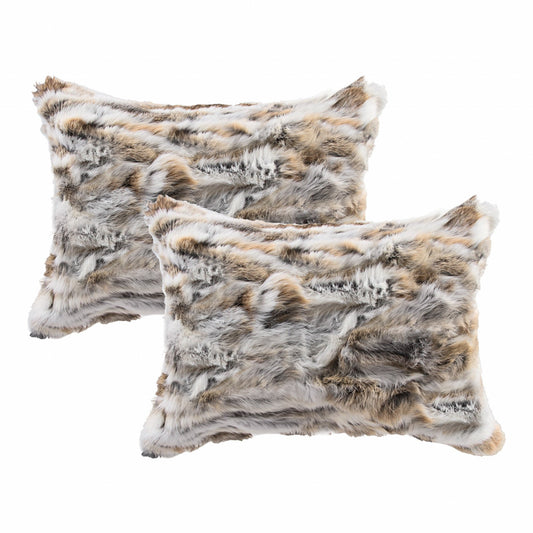 Set of Two 12" X 20" Tan and White Rabbit Natural Fur Throw Pillow FurniFindUSA
