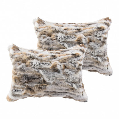 Set of Two 12" X 20" Tan and White Rabbit Natural Fur Throw Pillow FurniFindUSA