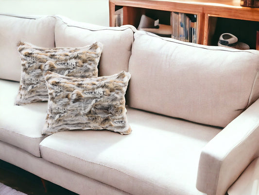 Set of Two 12" X 20" Tan and White Rabbit Natural Fur Throw Pillow FurniFindUSA
