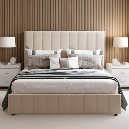 Beige Ribbed Texture Linen Blend Full Bed Frame