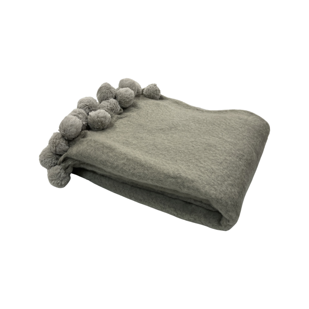 Plush Grey Wool Blend Throw With Pom Pom Trim Detail