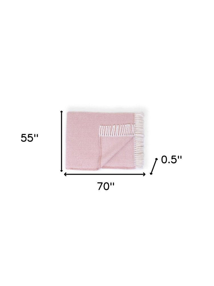 70" X 55" Pink And White Cotton Blend Woven Herringbone Plush Throw Blanket with Tassels — view 4