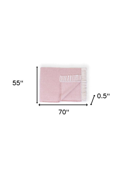 70" X 55" Pink And White Cotton Blend Woven Herringbone Plush Throw Blanket with Tassels HomeRoots