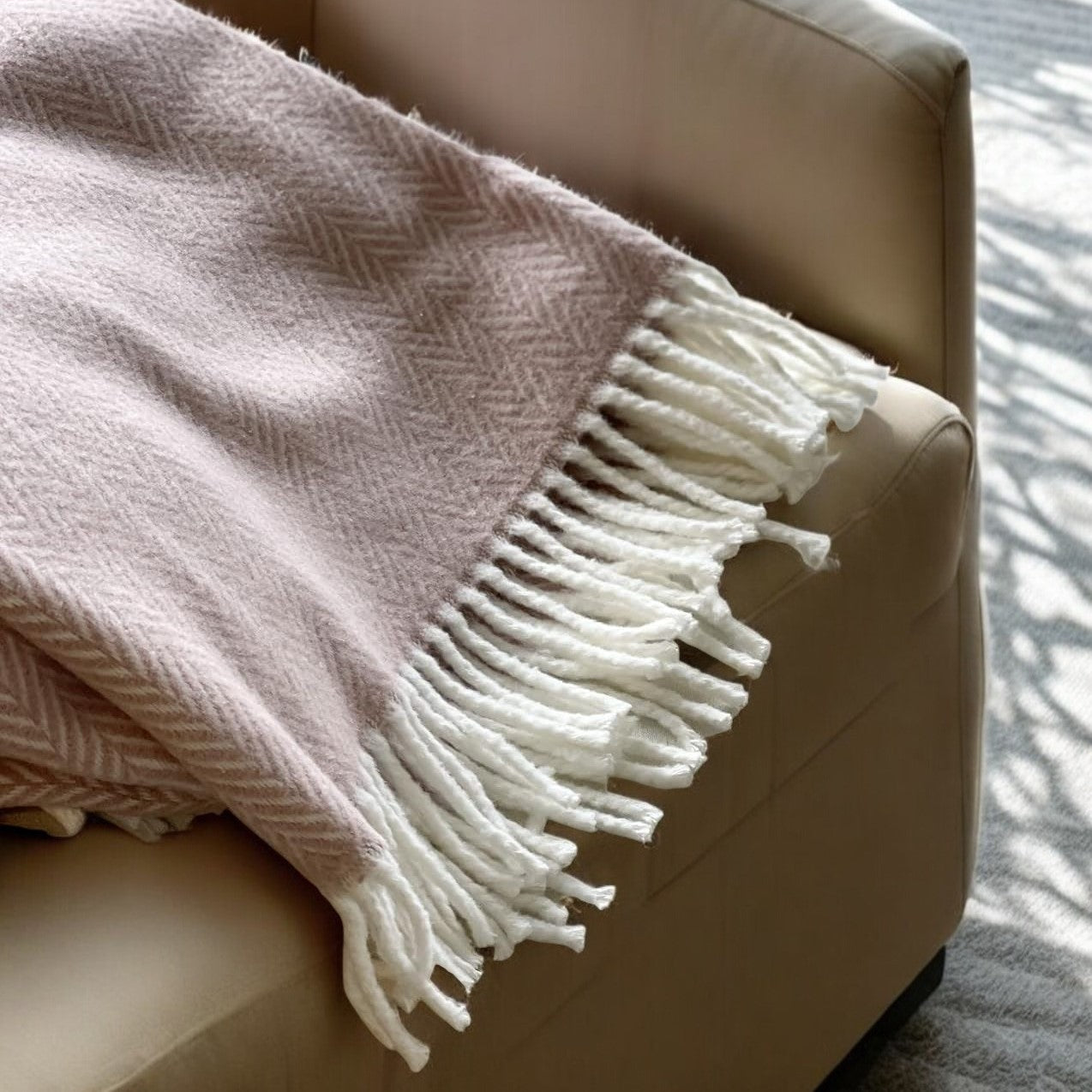 70" X 55" Dusty Rose Woven Cotton Herringbone Plush Throw Blanket