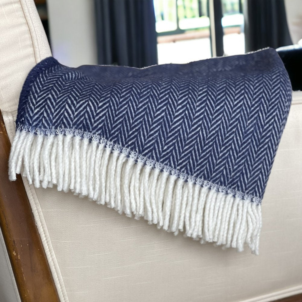70" X 55" Navy Blue And White Cotton Blend Woven Herringbone Plush Throw Blanket with Tassels HomeRoots
