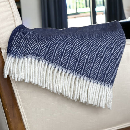 70" X 55" Navy Blue And White Cotton Blend Woven Herringbone Plush Throw Blanket with Tassels HomeRoots