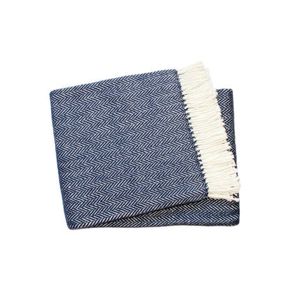 70" X 55" Navy Blue And White Cotton Blend Woven Herringbone Plush Throw Blanket with Tassels HomeRoots
