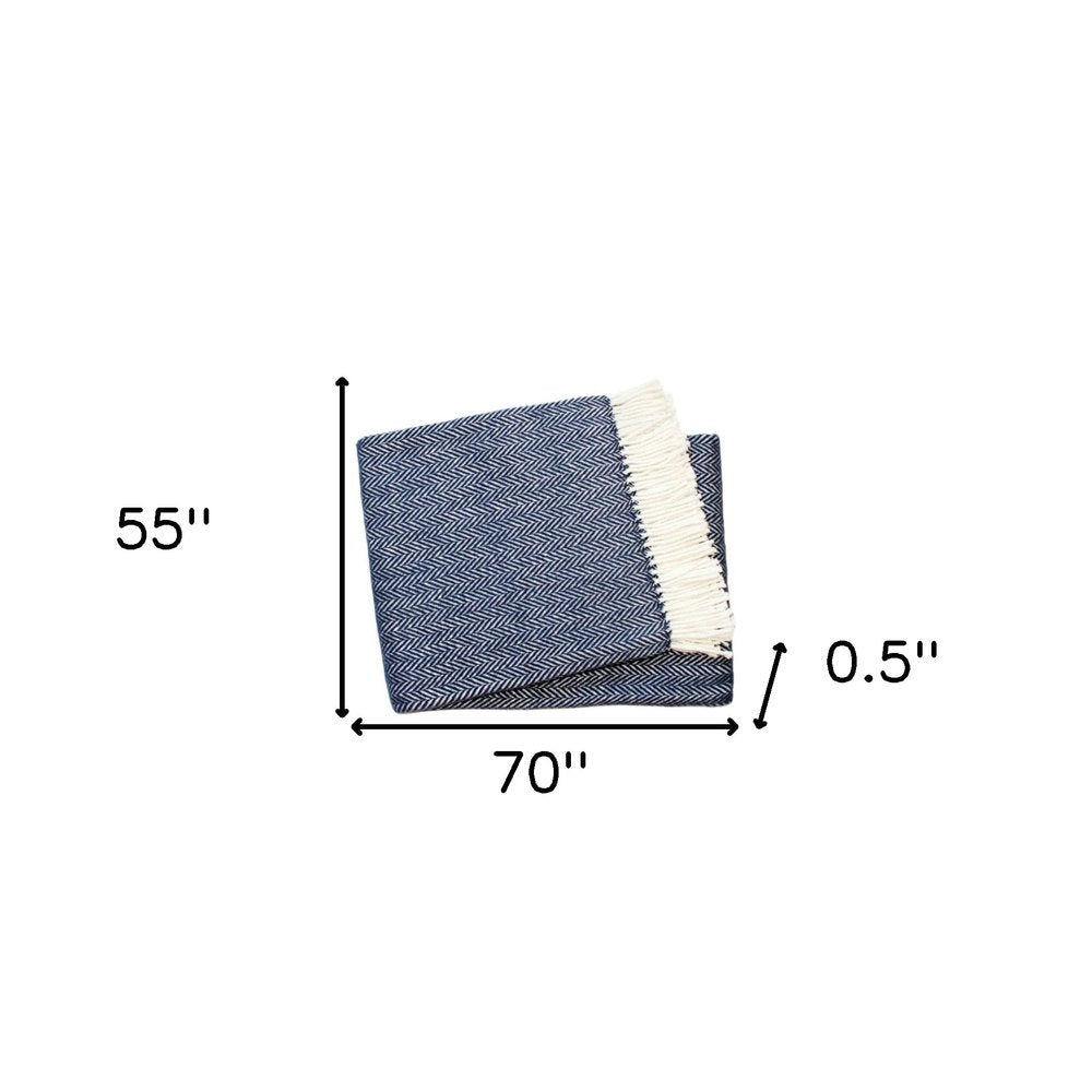 70" X 55" Navy Blue And White Cotton Blend Woven Herringbone Plush Throw Blanket with Tassels HomeRoots