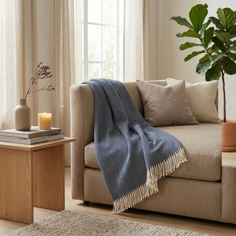 70" X 55" Navy Blue And White Cotton Blend Woven Herringbone Plush Throw Blanket with Tassels HomeRoots