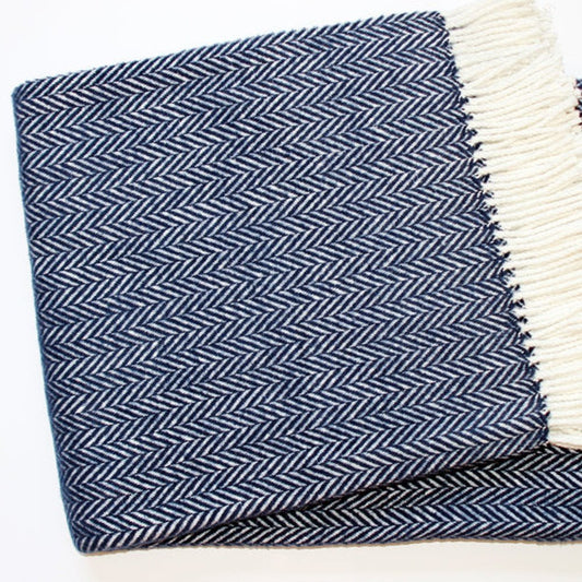 70" X 55" Navy Blue And White Cotton Blend Woven Herringbone Plush Throw Blanket with Tassels HomeRoots