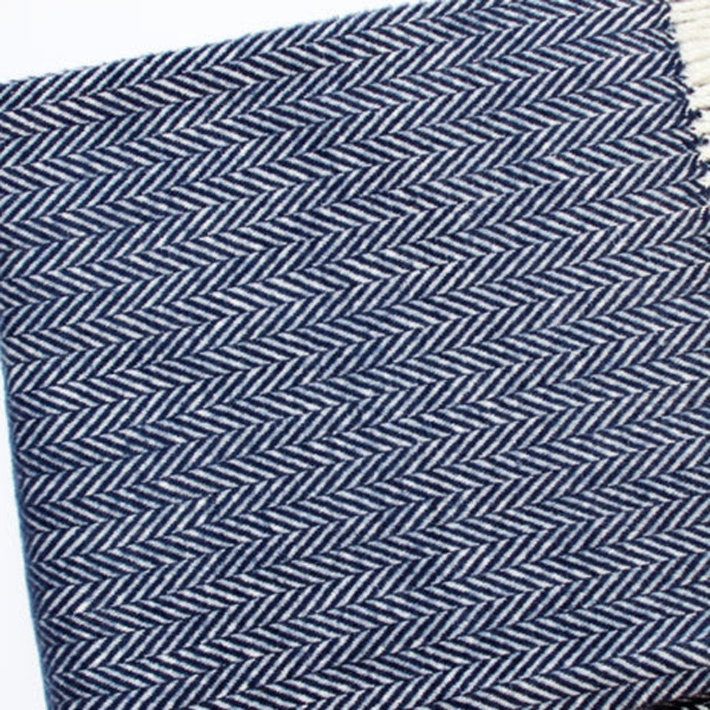 70" X 55" Navy Blue And White Cotton Blend Woven Herringbone Plush Throw Blanket with Tassels HomeRoots