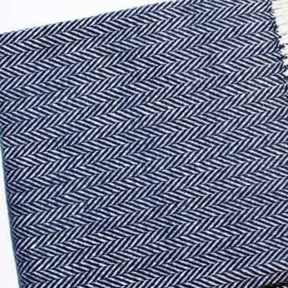 70" X 55" Navy Blue And White Cotton Blend Woven Herringbone Plush Throw Blanket with Tassels HomeRoots