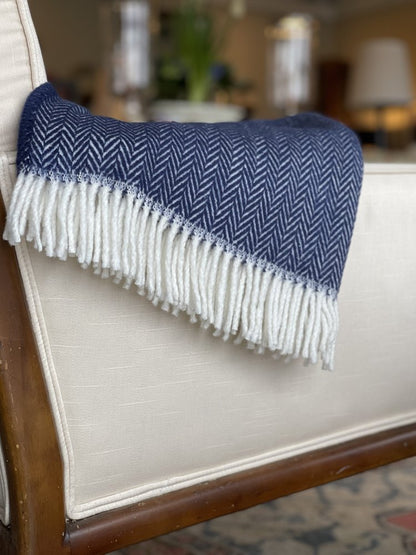 70" X 55" Navy Blue And White Cotton Blend Woven Herringbone Plush Throw Blanket with Tassels HomeRoots