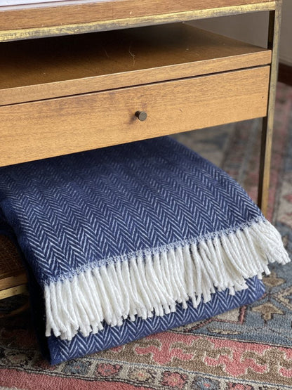 70" X 55" Navy Blue And White Cotton Blend Woven Herringbone Plush Throw Blanket with Tassels HomeRoots