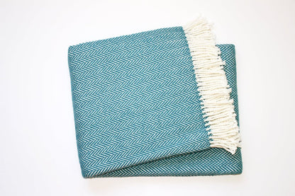 70" X 55" Teal Blue And White Cotton Blend Woven Herringbone Plush Throw Blanket with Tassels HomeRoots