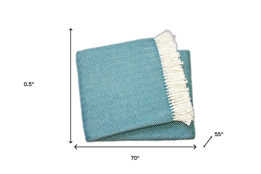 70" X 55" Teal Blue And White Cotton Blend Woven Herringbone Plush Throw Blanket with Tassels — view 9