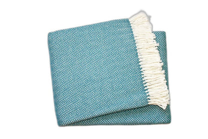70" X 55" Teal Blue And White Cotton Blend Woven Herringbone Plush Throw Blanket with Tassels HomeRoots