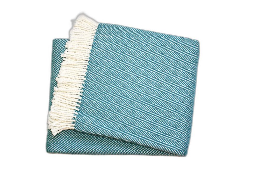 70" X 55" Teal Blue And White Cotton Blend Woven Herringbone Plush Throw Blanket with Tassels — view 3