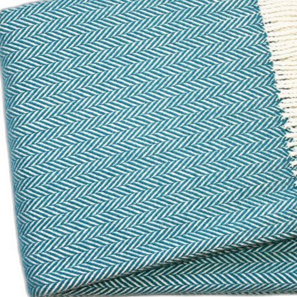 70" X 55" Teal Blue And White Cotton Blend Woven Herringbone Plush Throw Blanket with Tassels HomeRoots