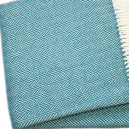 70" X 55" Teal Blue And White Cotton Blend Woven Herringbone Plush Throw Blanket with Tassels HomeRoots