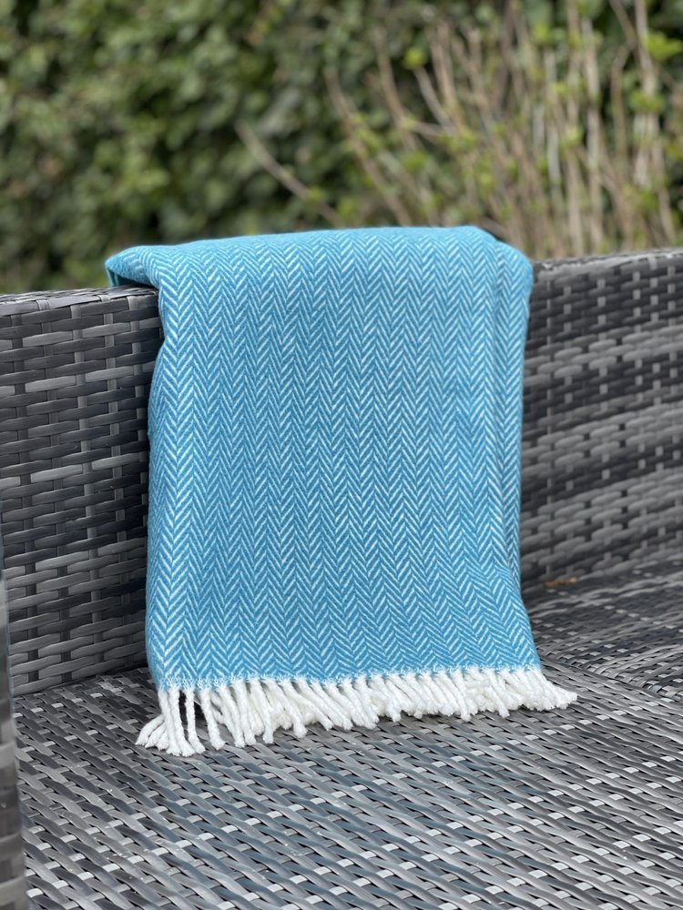 70" X 55" Teal Blue And White Cotton Blend Woven Herringbone Plush Throw Blanket with Tassels HomeRoots