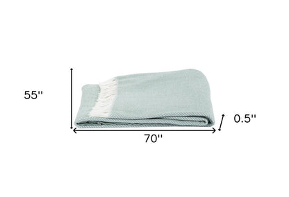 55" X 70" Sage and Ivory Woven Cotton Herringbone Plush Throw Blanket HomeRoots