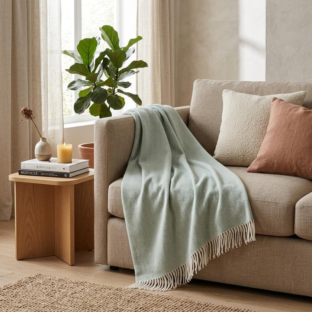 55" X 70" Sage and Ivory Woven Cotton Herringbone Plush Throw Blanket HomeRoots