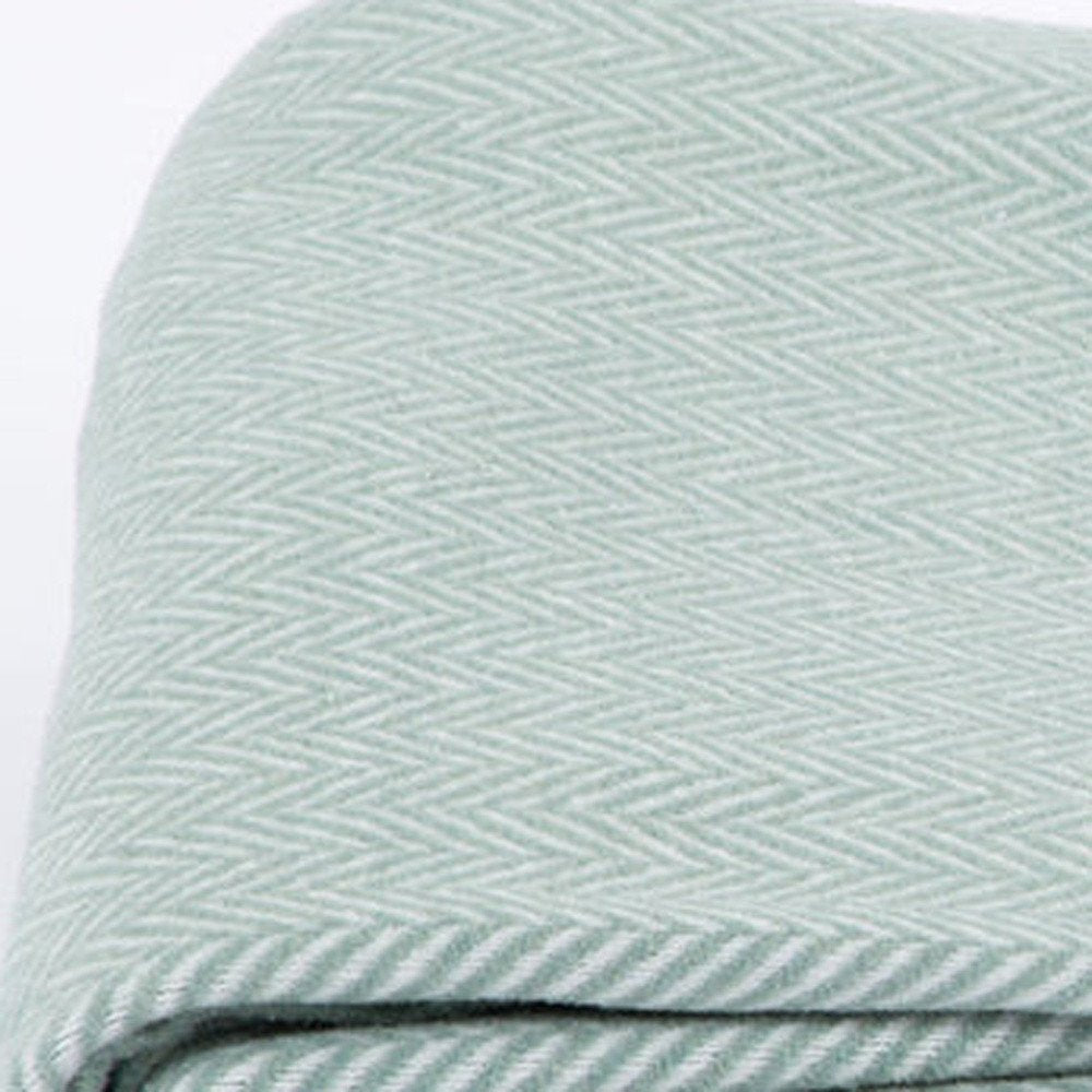 55" X 70" Sage and Ivory Woven Cotton Herringbone Plush Throw Blanket HomeRoots