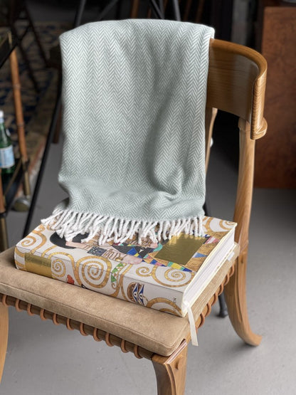 55" X 70" Sage and Ivory Woven Cotton Herringbone Plush Throw Blanket HomeRoots