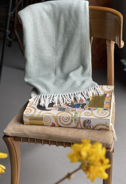 55" X 70" Sage and Ivory Woven Cotton Herringbone Plush Throw Blanket HomeRoots