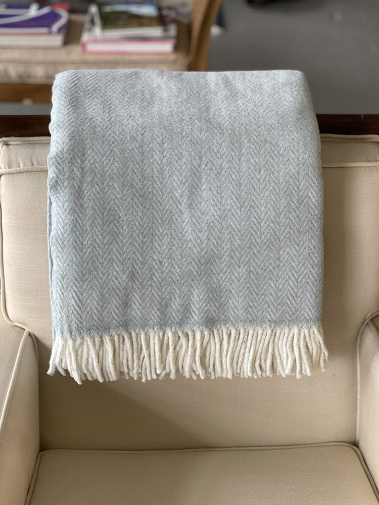 70" X 55" Sky Blue And White Cotton Blend Woven Herringbone Plush Throw Blanket with Tassels HomeRoots