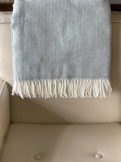70" X 55" Sky Blue And White Cotton Blend Woven Herringbone Plush Throw Blanket with Tassels HomeRoots