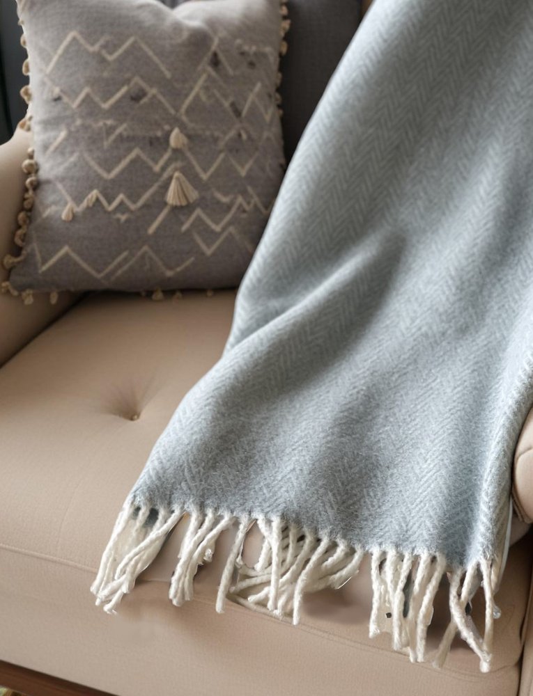 70" X 55" Sky Blue And White Cotton Blend Woven Herringbone Plush Throw Blanket with Tassels HomeRoots