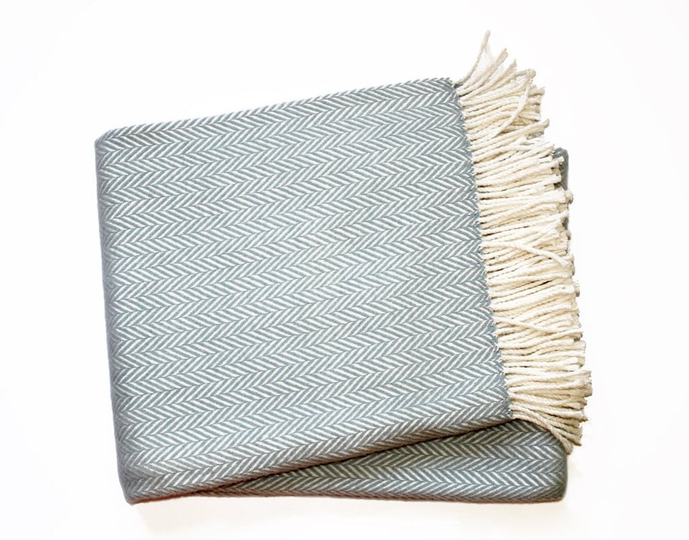 70" X 55" Sky Blue And White Cotton Blend Woven Herringbone Plush Throw Blanket with Tassels HomeRoots