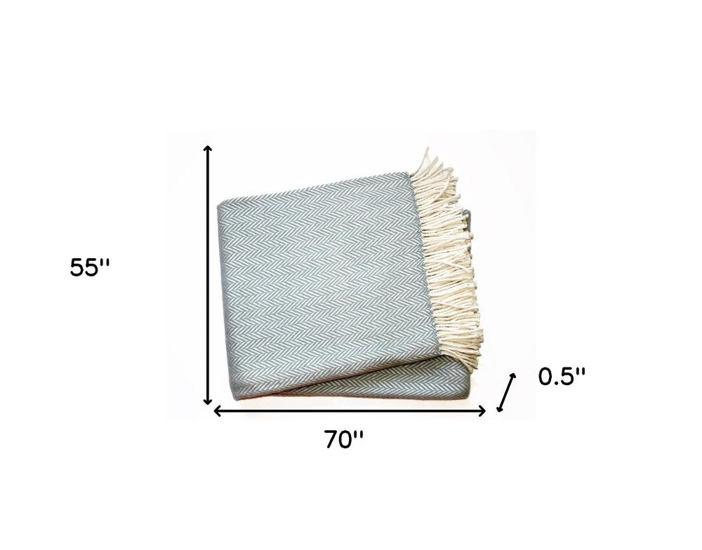 70" X 55" Sky Blue And White Cotton Blend Woven Herringbone Plush Throw Blanket with Tassels HomeRoots