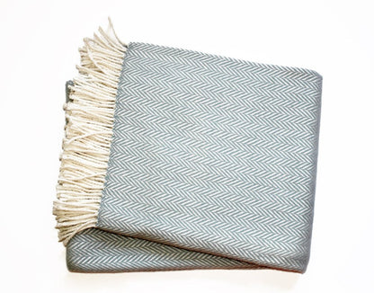 70" X 55" Sky Blue And White Cotton Blend Woven Herringbone Plush Throw Blanket with Tassels HomeRoots