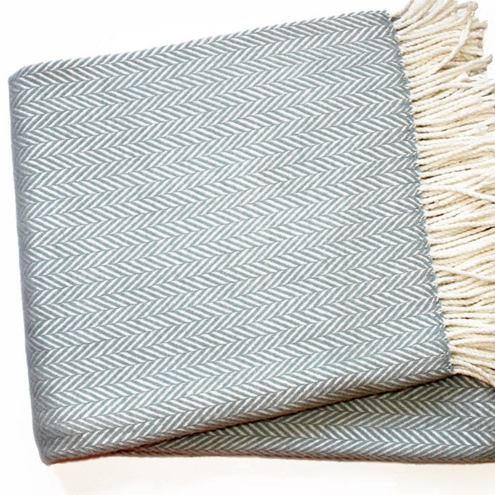 70" X 55" Sky Blue And White Cotton Blend Woven Herringbone Plush Throw Blanket with Tassels HomeRoots