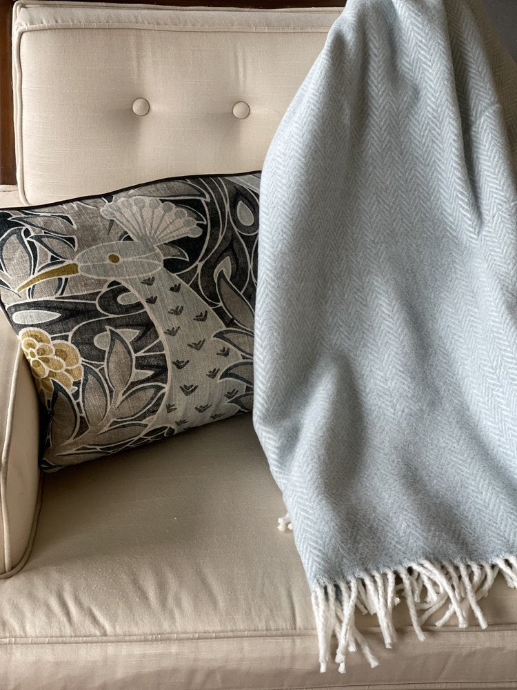 70" X 55" Sky Blue And White Cotton Blend Woven Herringbone Plush Throw Blanket with Tassels HomeRoots