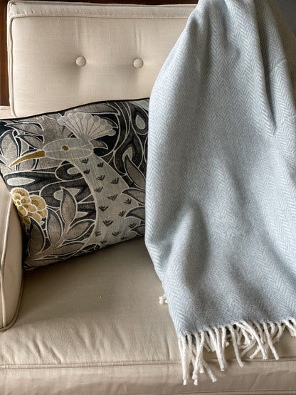 70" X 55" Sky Blue And White Cotton Blend Woven Herringbone Plush Throw Blanket with Tassels HomeRoots