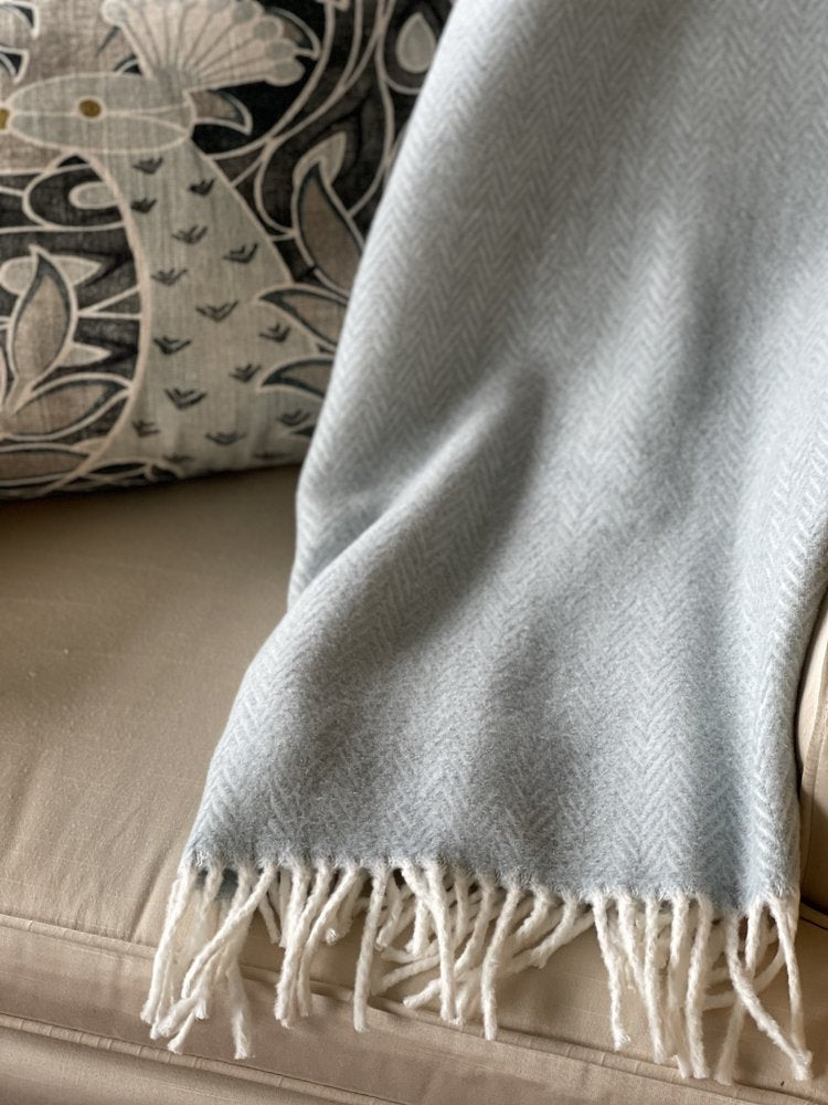 70" X 55" Sky Blue And White Cotton Blend Woven Herringbone Plush Throw Blanket with Tassels HomeRoots