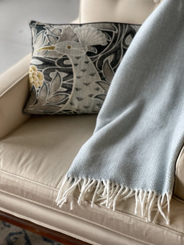 70" X 55" Sky Blue And White Cotton Blend Woven Herringbone Plush Throw Blanket with Tassels HomeRoots