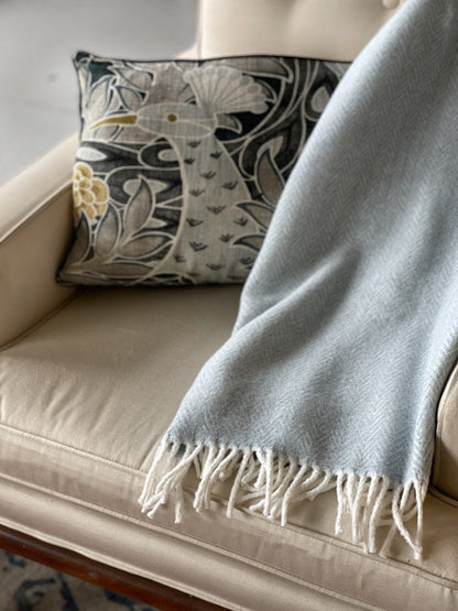70" X 55" Sky Blue And White Cotton Blend Woven Herringbone Plush Throw Blanket with Tassels HomeRoots